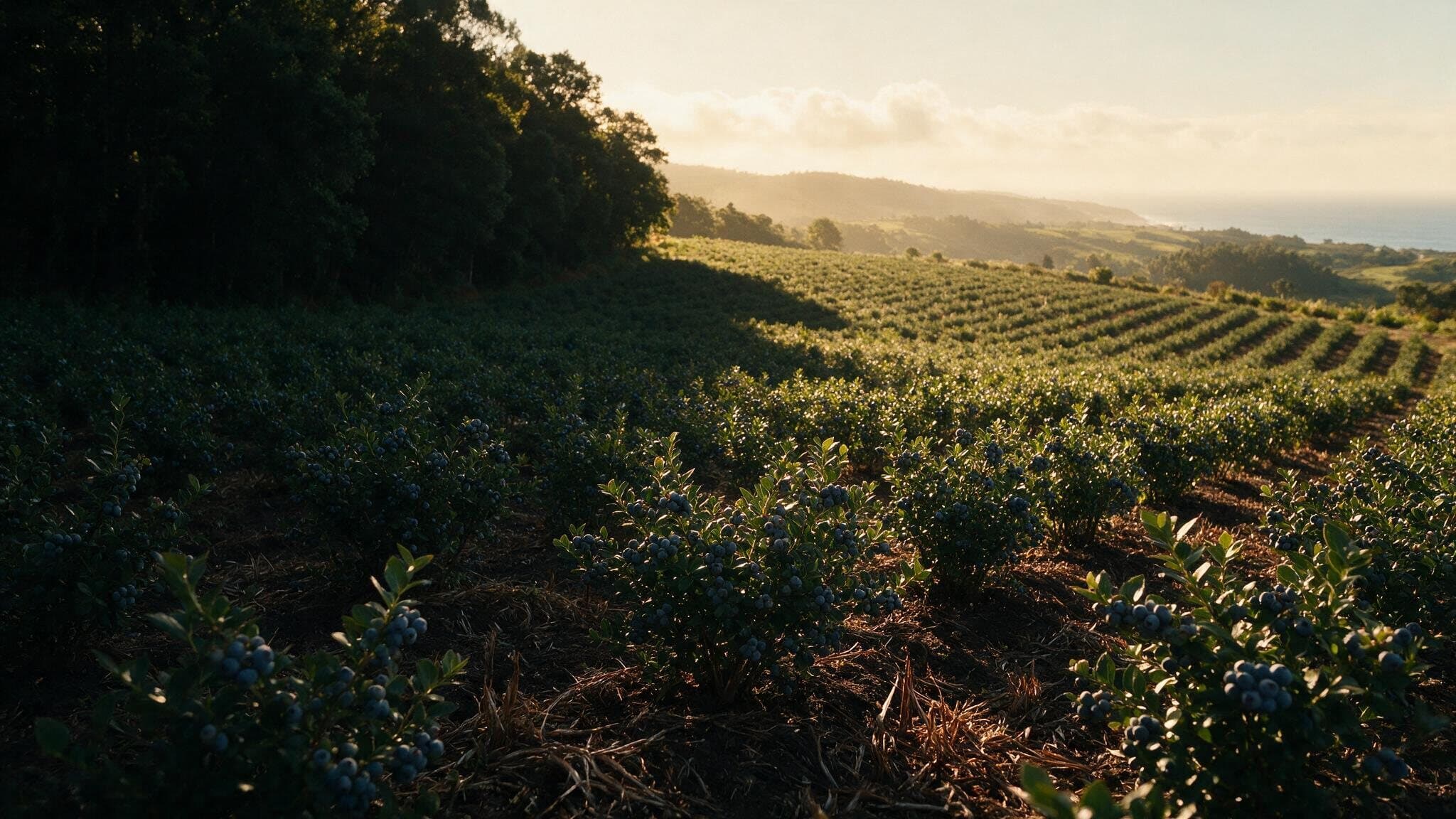 Plantación de arándanos en agricultura regenerativa junto al bosque